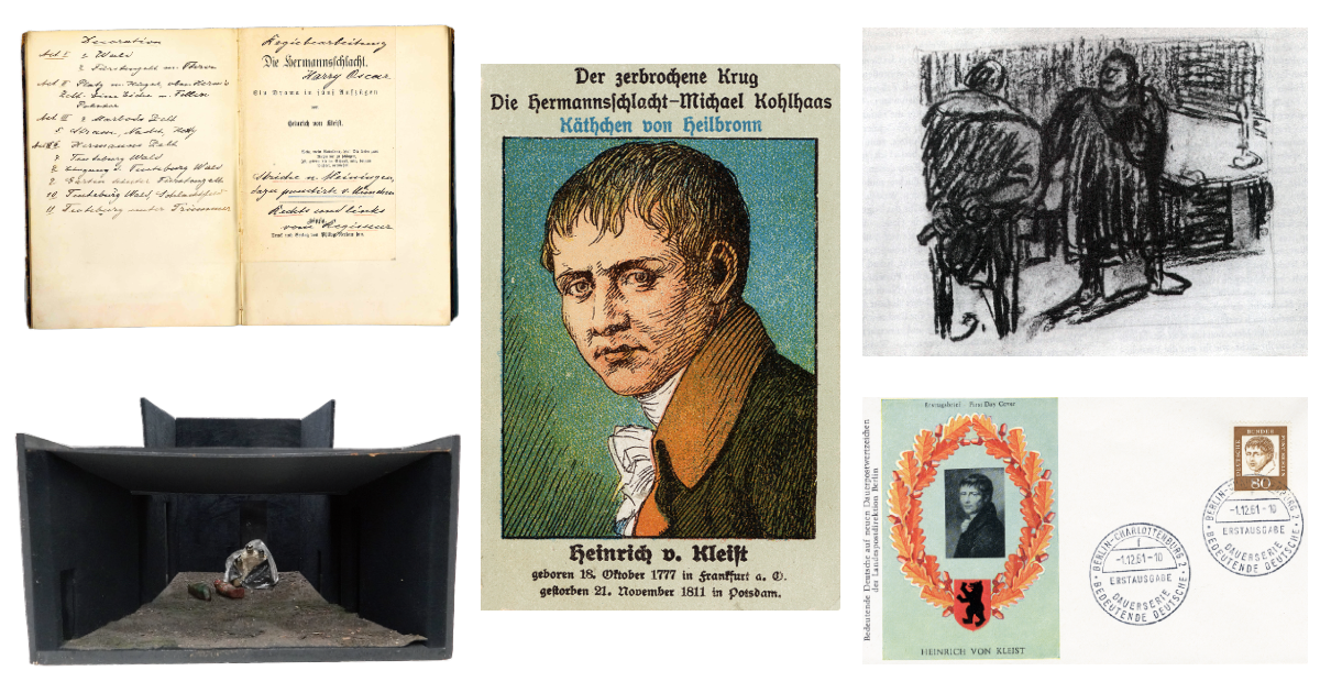 Collage mit Objekten aus der Sammlung, z. B. einer Spielkarte mit einem gezeichneten Portrait Kleists, einem Ersttagsbrief mit Stempel und Briefmarke, einem schwarzen Bühnenmodell und einer Zeichnung ©Stiftung Kleist-Museum