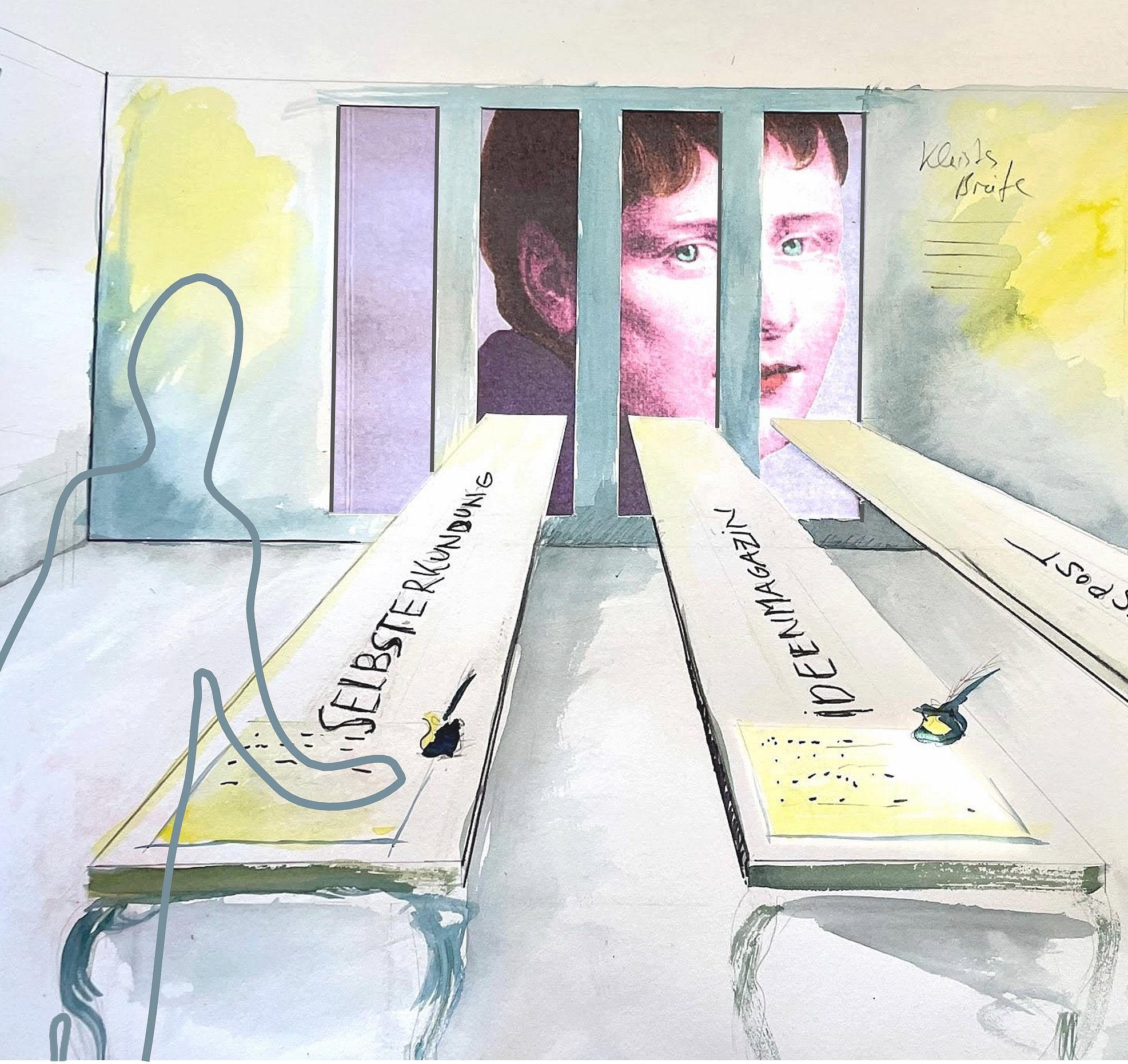 Skizze eines Ausstellungsraums mit drei langen Tischen, auf denen jeweils ein gelbes Blatt mit den Beschriftungen „SELBSTERKUNDUNG“, „IDEENMAGAZIN“ und „GESCHÄFTSPOST“ liegt, im Hintergrund mehrere Ausstellungswände mit Texten und Bildern und einem gemalten bunten Portrait Heinrich von Kleists