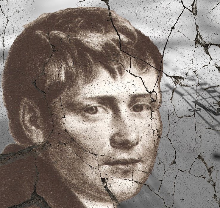Collage ©Stiftung Kleist-Museum Die Collage zeigt im Hintergrund eine rissige, helle Beton- oder Putzfläche. Darauf sind Notenlinien und Noten zu sehen, die diagonal verlaufen. Im Vordergrund ist ein braun getönter Heinrich von Kleist zu erkennen. Die Collage zeigt verschiedene Risse auf.