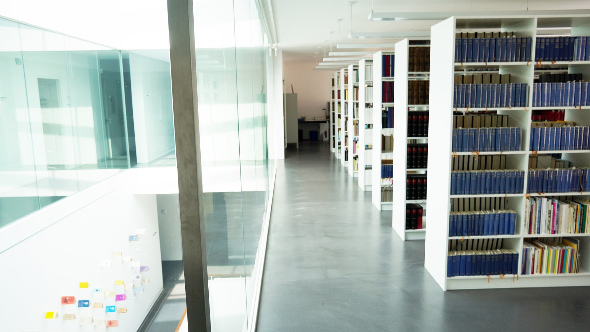 Einblick in die Bibliothek; rechts Regalreihen, die mit vielen Büchern gefüllt sind, in der Mitte der Durchgang, links der Blick durch die verglaste Mitteldurchgang in die Ausstellungsfläche