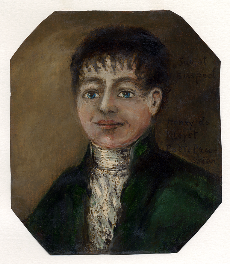 Portrait Heinrich von Kleists aus dem Jahr 1807, während er in Kriegsgefangenschaft in Frankreich war. Kleist trägt einen schwarzen Mantel, ein weißes Hemd mit hohem Stehkragen bis zum Kinn, schwarze Haare und hat blaue Augen