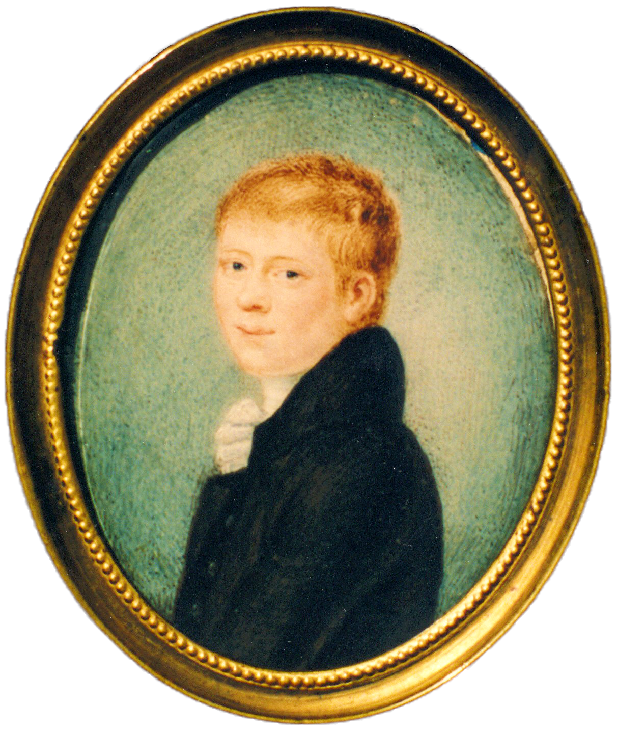 Porträt Heinrich von Kleist nach der Miniatur von Peter Friedel, unbekannter Künstler, zwischen 1831 und 1837; ovale Form, goldener, verzierter Rand; Kleist sitzt seitlich, guckt direkt zum Betrachtenden, hat blonde Haare und trägt einen schwarzen Gehrock und ein weißes Hemd mit hohem Kragen bis zum Kinn