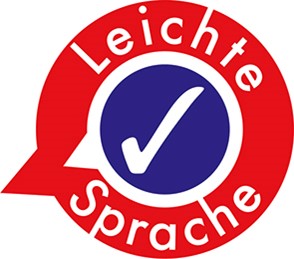 Logo Leichte Sprache, in der Mitte ein weißer Haken in blauem Kreis ©Büro für Leichte Sprache